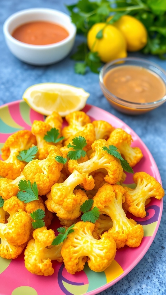 Crispy Cauliflower 65 served with coriander garnish and lemon wedges on a plate.